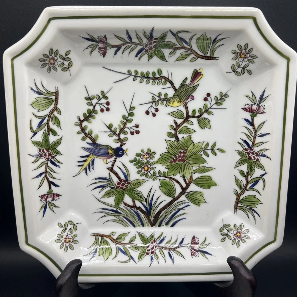 Pair Vintage Sanford Japan Porcelain Square Plates 1666 Birds Flowers Dish